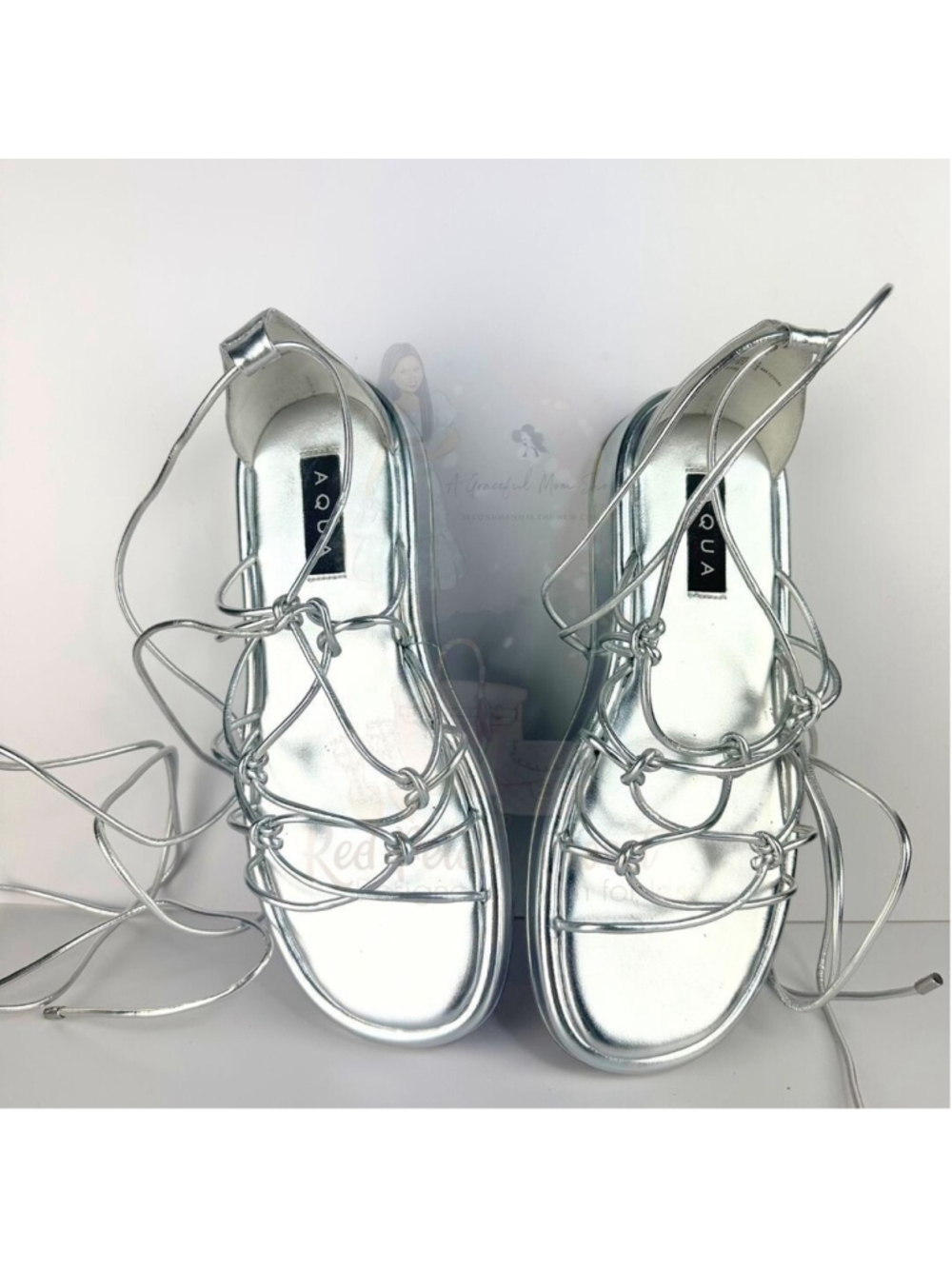 Aqua Women's Stars Strappy Ankle Tie Sandals Silver Size 9- 0241
